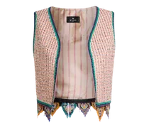 Cropped Jacquard-weste Mit Tweed-effekt, Fransen Und Karomuster, Damen, Pulverpinkel, Größe