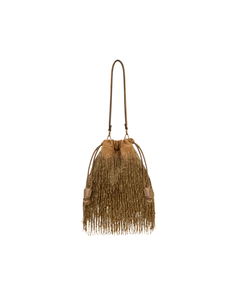 Etro Kleine Tasche Kalispera Aus Veloursleder Mit Fransen Und Perlen, Damen, Gold Gold