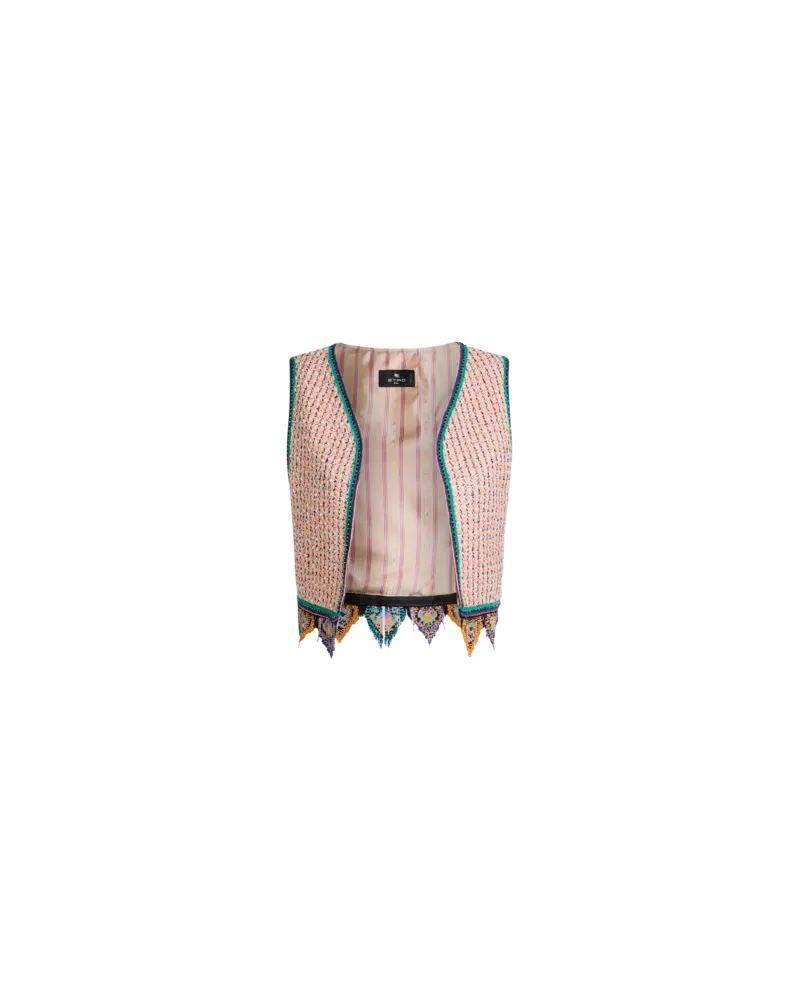 Etro Cropped Jacquard-weste Mit Tweed-effekt, Fransen Und Karomuster, Damen, Rosa, Größe Rosa