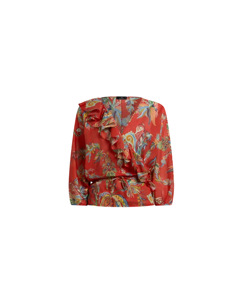 Etro Cotton Voile Blouse With Ruffle Detail And Paisley Foliage Motif, Damen, Rot, Größe Rot