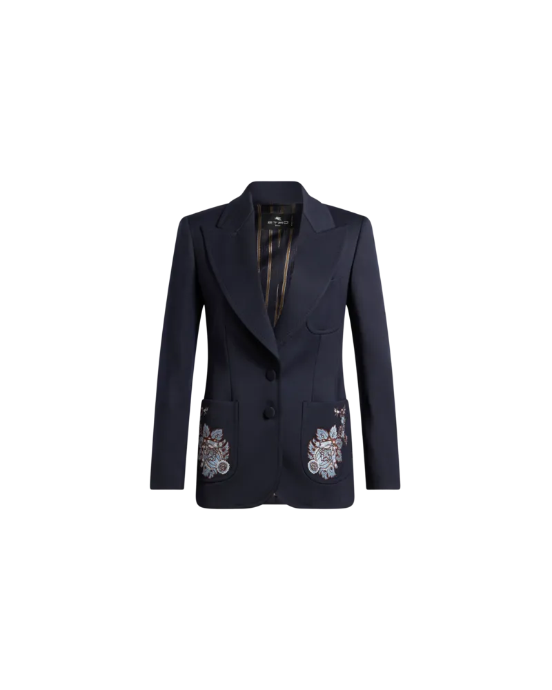 Etro Jacke Aus Gabardine Mit Stickereien, Damen, Navyblau, Größe Navyblau