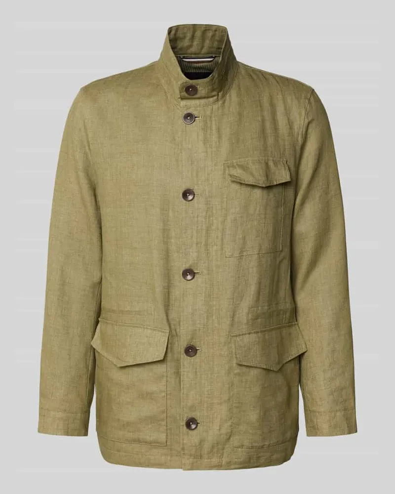 Bugatti Leinenjacke mit Stehkragen und Pattentaschen Oliv