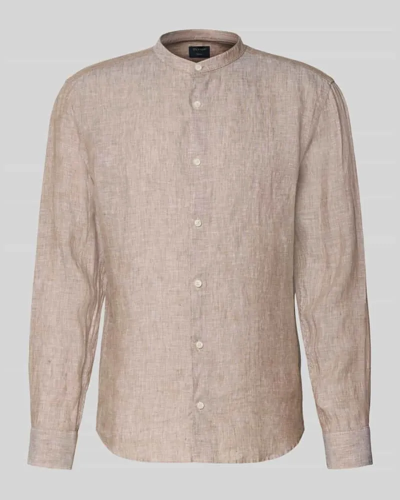 Olymp Slim Fit Leinenhemd aus reinen Leinen mit Stehkragen Hellbraun
