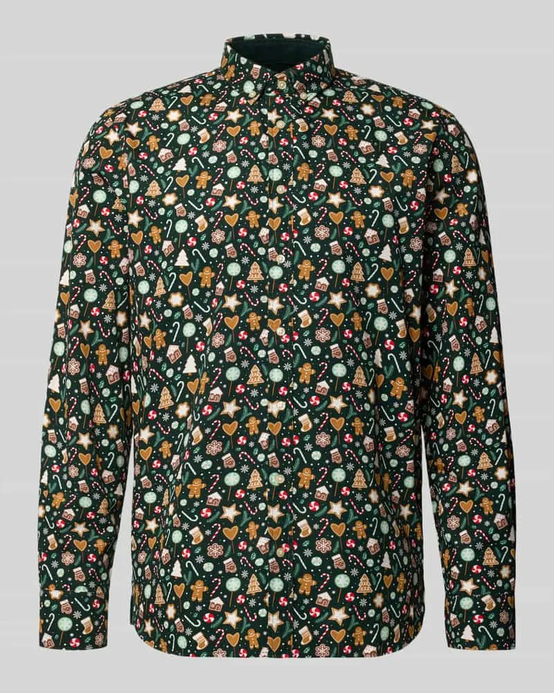 MONTEGO Regular Fit Freizeithemd mit Button-Down-Kragen im Allover-Look Dunkelgruen