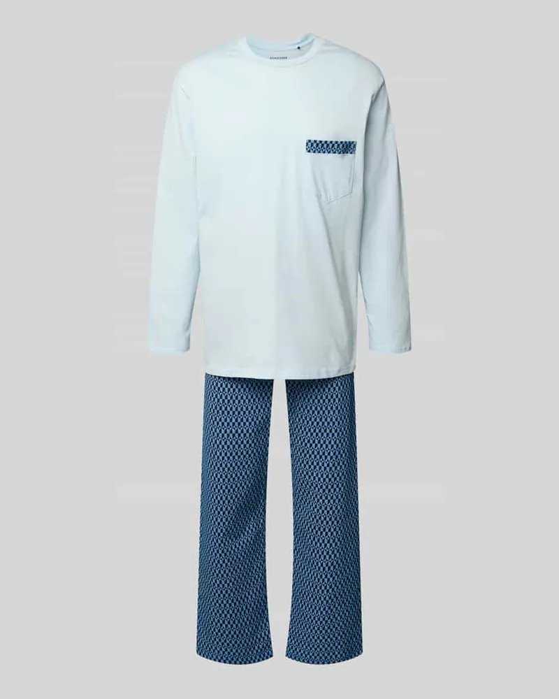 Schiesser Pyjama mit klassischer Brusttasche und Rundhalsausschnitt Hellblau