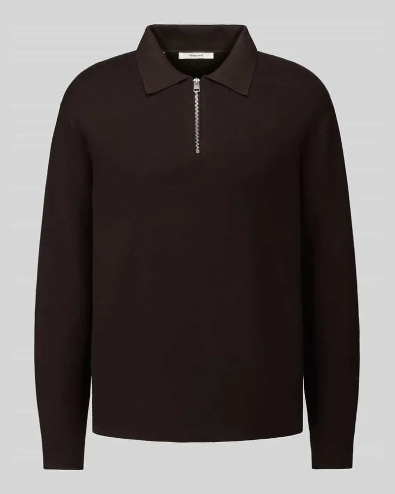 Selected Relaxed Fit Pullover aus reiner Viskose mit halblangem Zipper Dunkelbraun