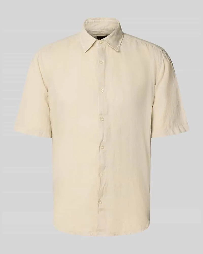 HUGO BOSS Regular Fit Leinenhemd mit kurzem Arm Modell 'RASH_2_M Sand