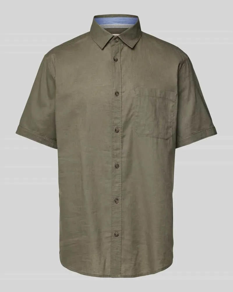 Tom Tailor Regular Fit Leinenhemd mit kurzem Arm Oliv
