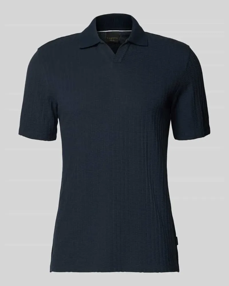 Bugatti Slim Fit Poloshirt mit Strukturmuster und V-Ausschnitt Marine