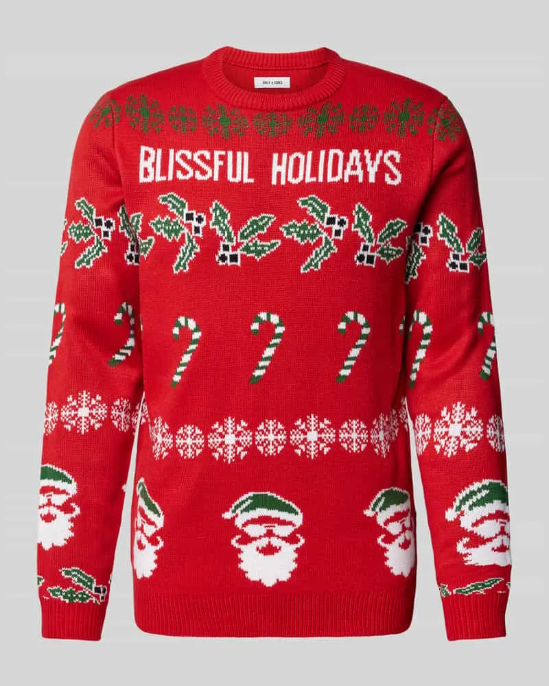 Only & Sons Strickpullover mit Motiv- und Statement-Stitching Modell 'XMAS Rot