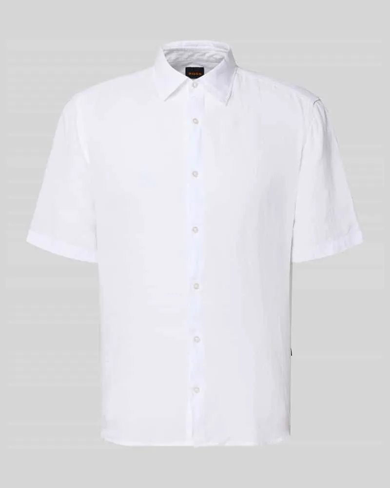 HUGO BOSS Regular Fit Leinenhemd mit kurzem Arm Modell 'RASH_2_M Weiss