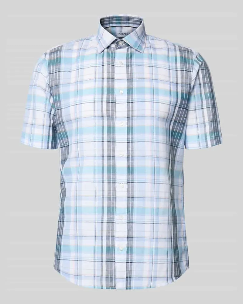 JAKE*S Slim Fit Business-Hemd aus Leinen-Mix mit Kentkragen Jeansblau