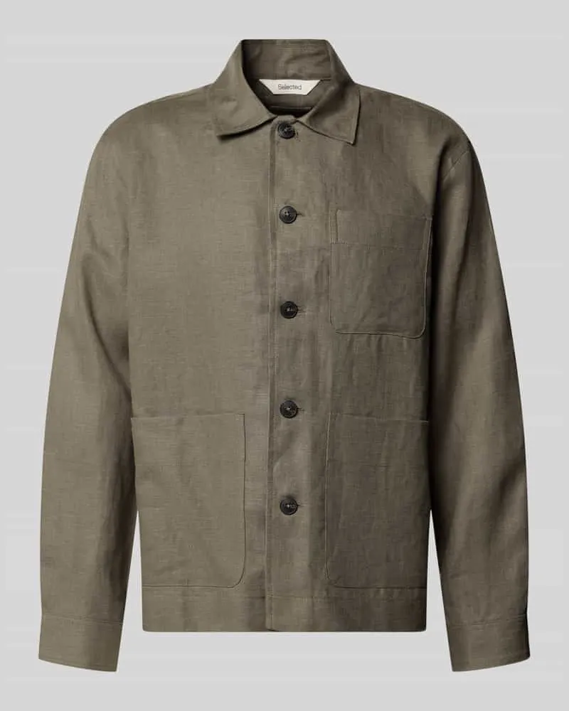 Selected Homme Regular Fit Overshirt aus reinem Leinen Modell 'BAIRD Oliv