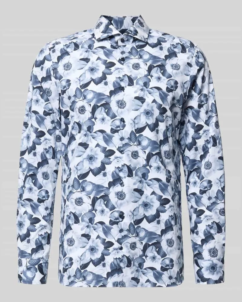 Olymp Slim Fit Business-Hemd mit Kentkragen und floralem Muster Marine