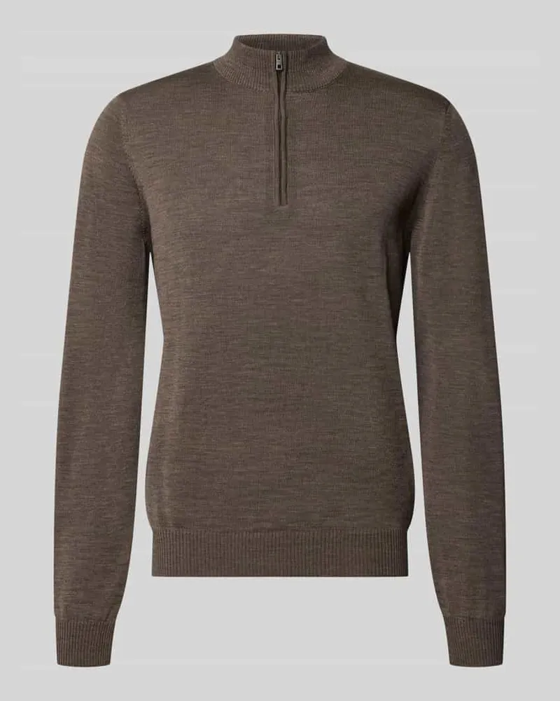 Maerz Regular Fit Sweatshirt aus reiner Schurwolle mit Troyer-Kragen Dunkelbraun