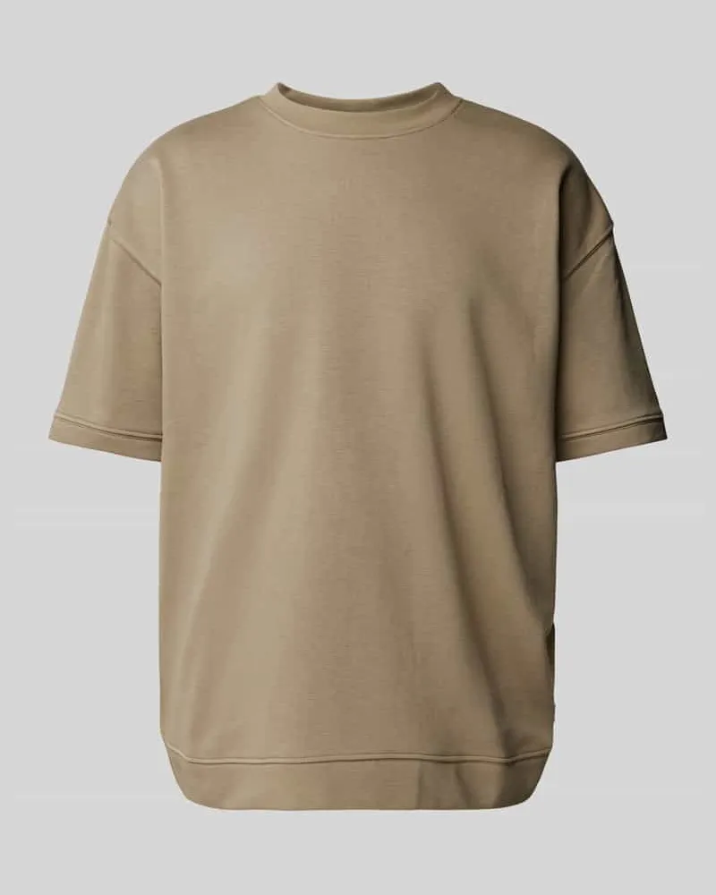 Lindbergh Oversized T-Shirt mit geripptem Rundhalsausschnitt Camel