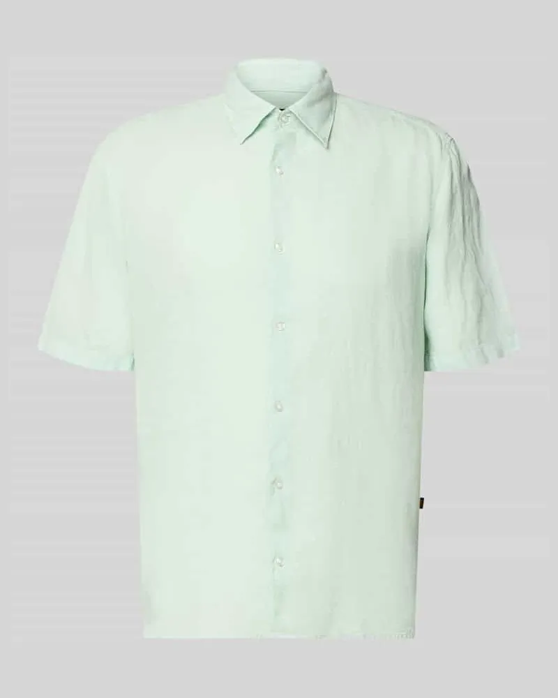 HUGO BOSS Regular Fit Leinenhemd mit kurzem Arm Modell 'RASH_2_M Tuerkis