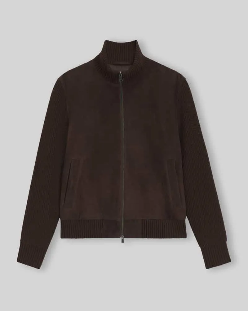 HUGO BOSS Lederjacke aus Ziegenvelours mit Stehkragen Dunkelbraun