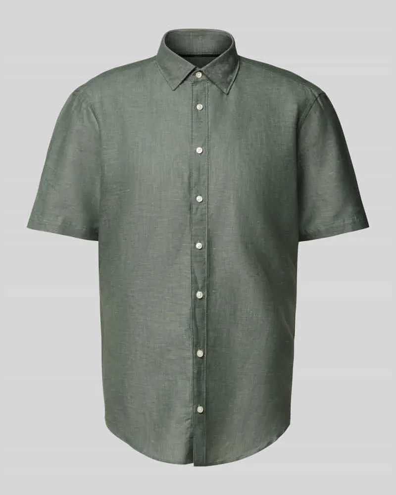 JAKE*S Slim Fit Leinenhemd mit Knopfleiste Dunkelgruen