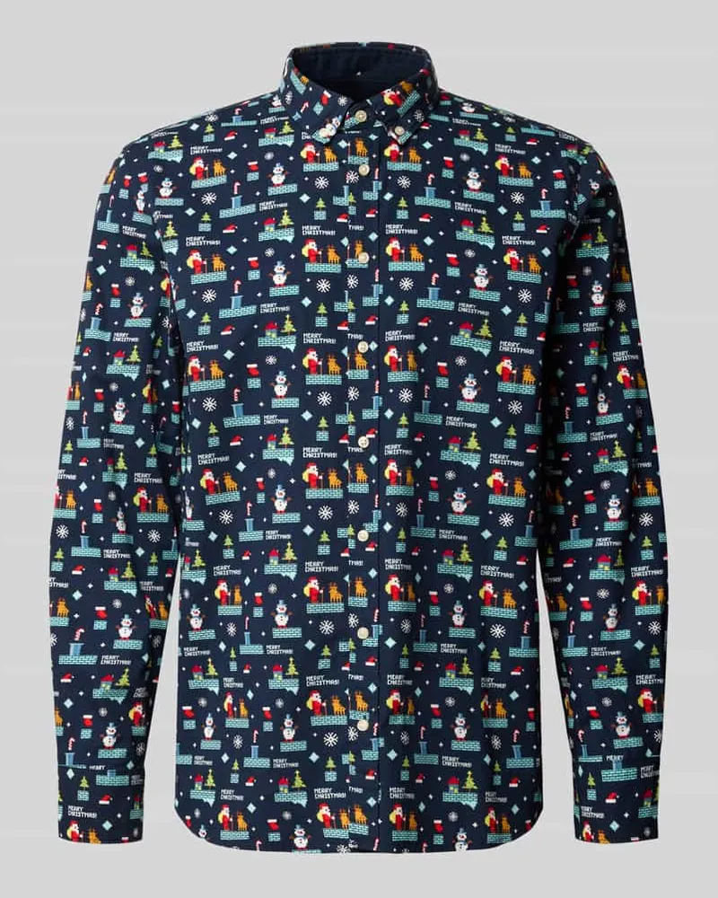 MONTEGO Regular Fit Freizeithemd mit Button-Down-Kragen im Allover-Look Marine