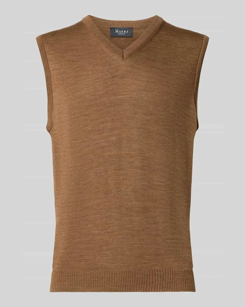 Maerz Regular Fit Strickpullover aus reiner Schurwolle mit V-Ausschnitt Cognac
