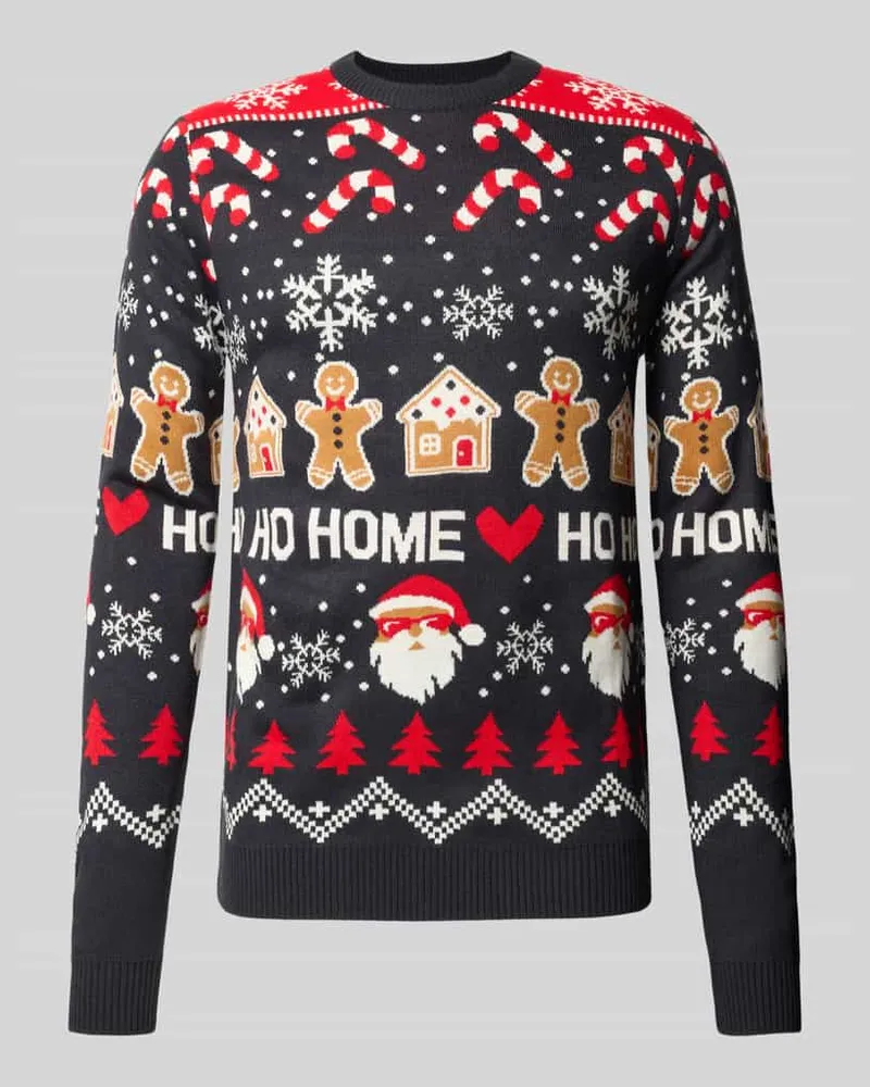 Lindbergh Weihnachtspullover mit Motiv-Print Dunkelblau