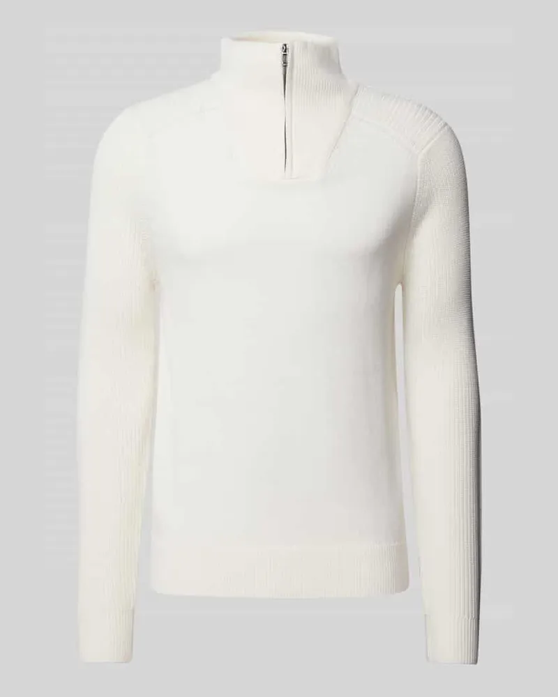 JOOP! Strickpullover aus Lanawoll-Mix mit Troyer-Kragen Offwhite
