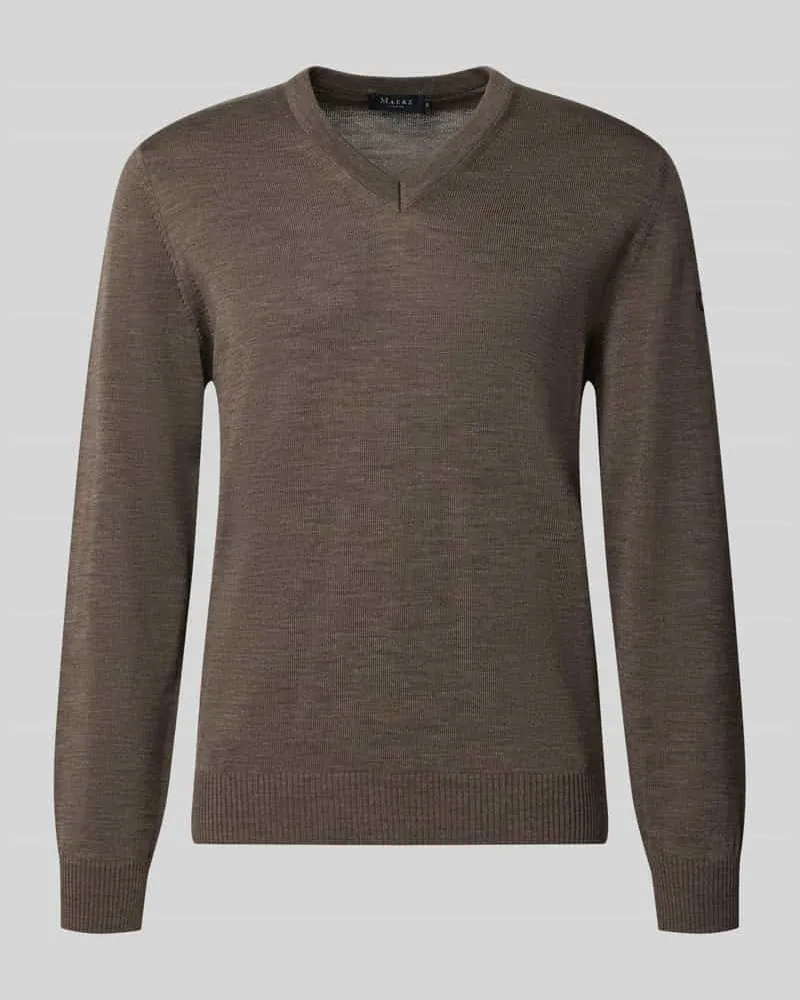 Maerz Regular Fit Strickpullover aus reiner Schurwolle mit V-Ausschnitt Mittelbraun