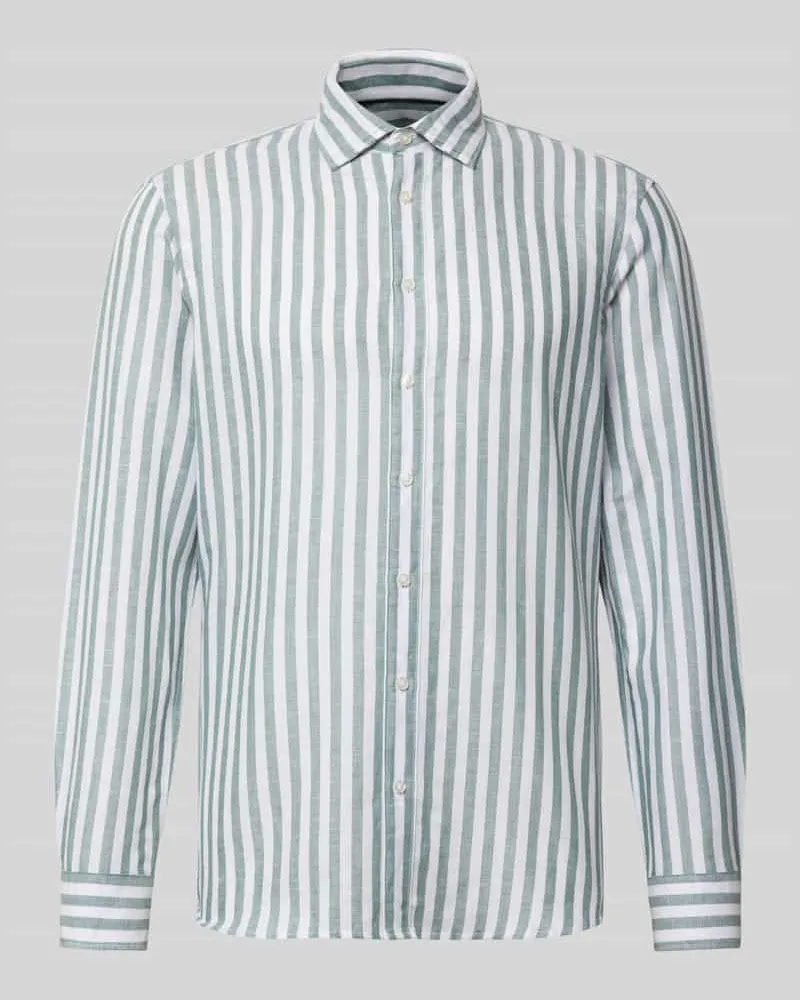 JAKE*S Slim Fit Business-Hemd aus Leinen-Mix mit Kentkragen Dunkelgruen