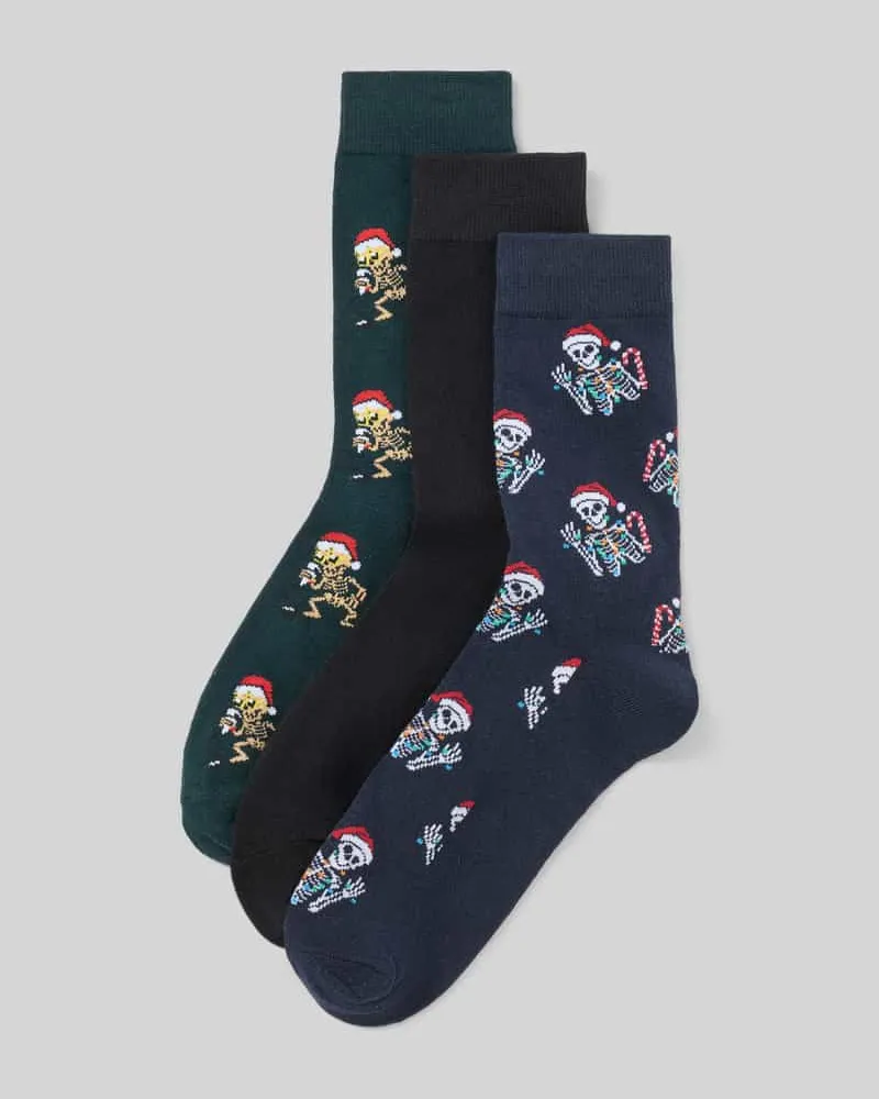 Jack & Jones Socken mit weihnachtlichem Skelettmotiv im 3er-Pack Marine