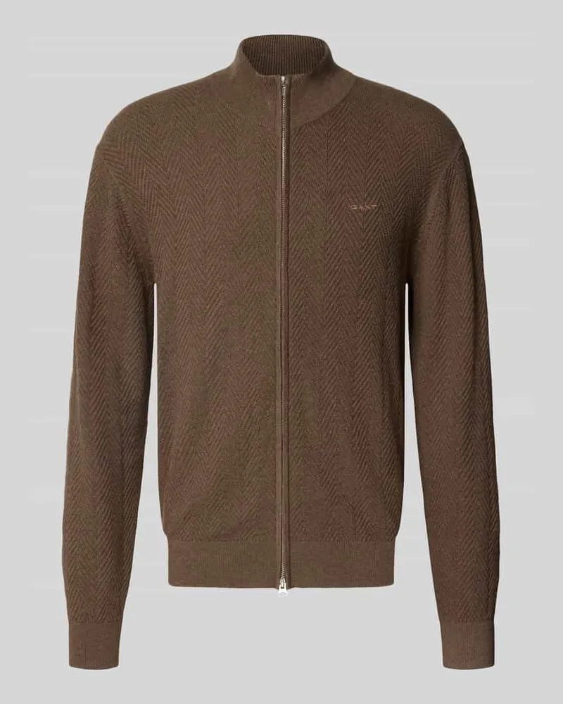 Gant Regular Fit Strickjacke aus Baumwoll-Woll-Mix Modell 'HERRINGBONE TEXTURE ZIP Dunkelbraun