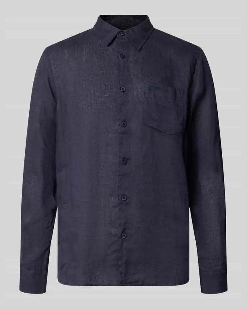 Guess Regular Fit Leinenhemd mit Kentkragen und Brusttasche Marine