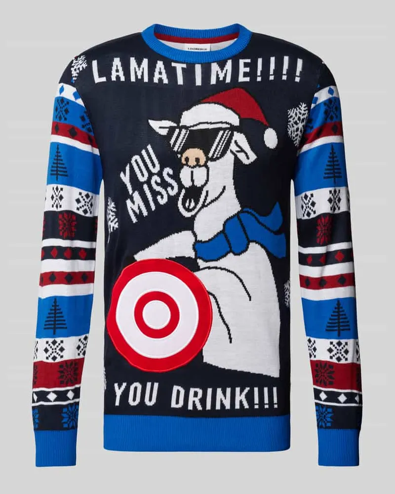 Lindbergh Strickpullover aus Viskose mit Motiv-Stitching Dunkelblau