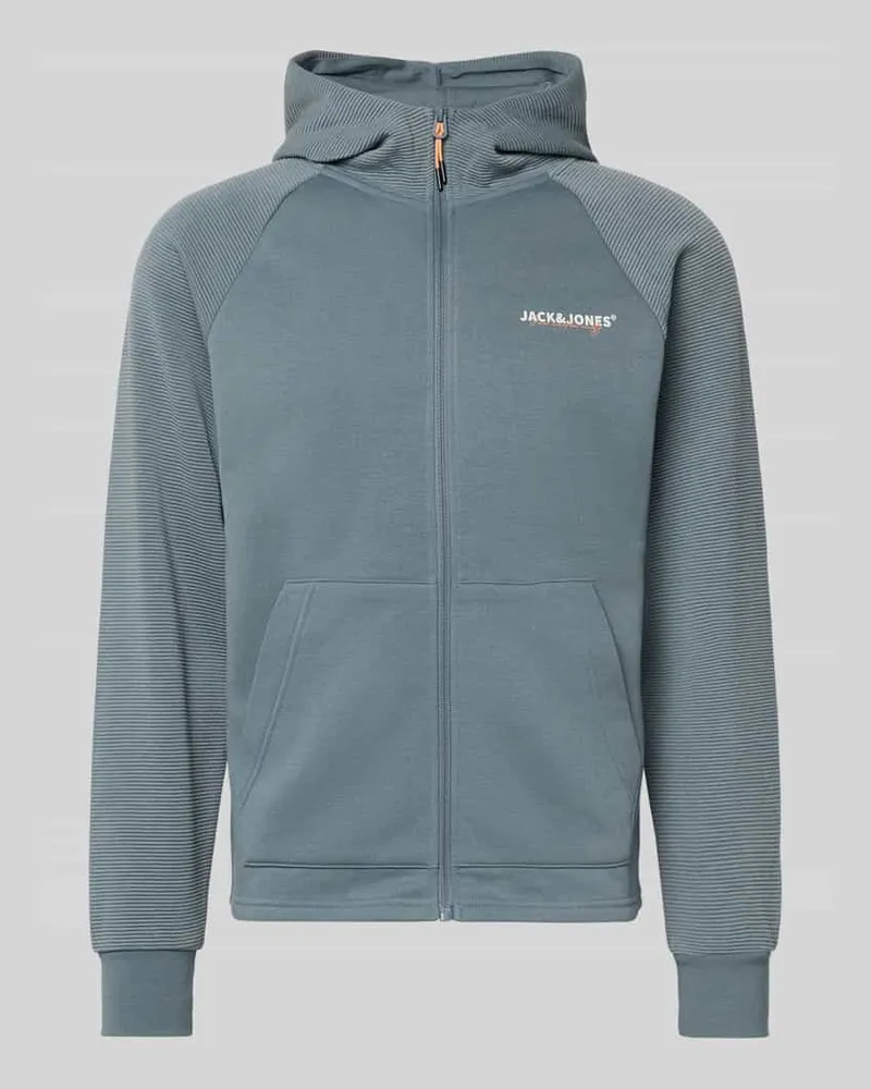 Jack & Jones Regular Fit Sweatjacke mit Logo-Print Modell 'Thatcher Rauchblau