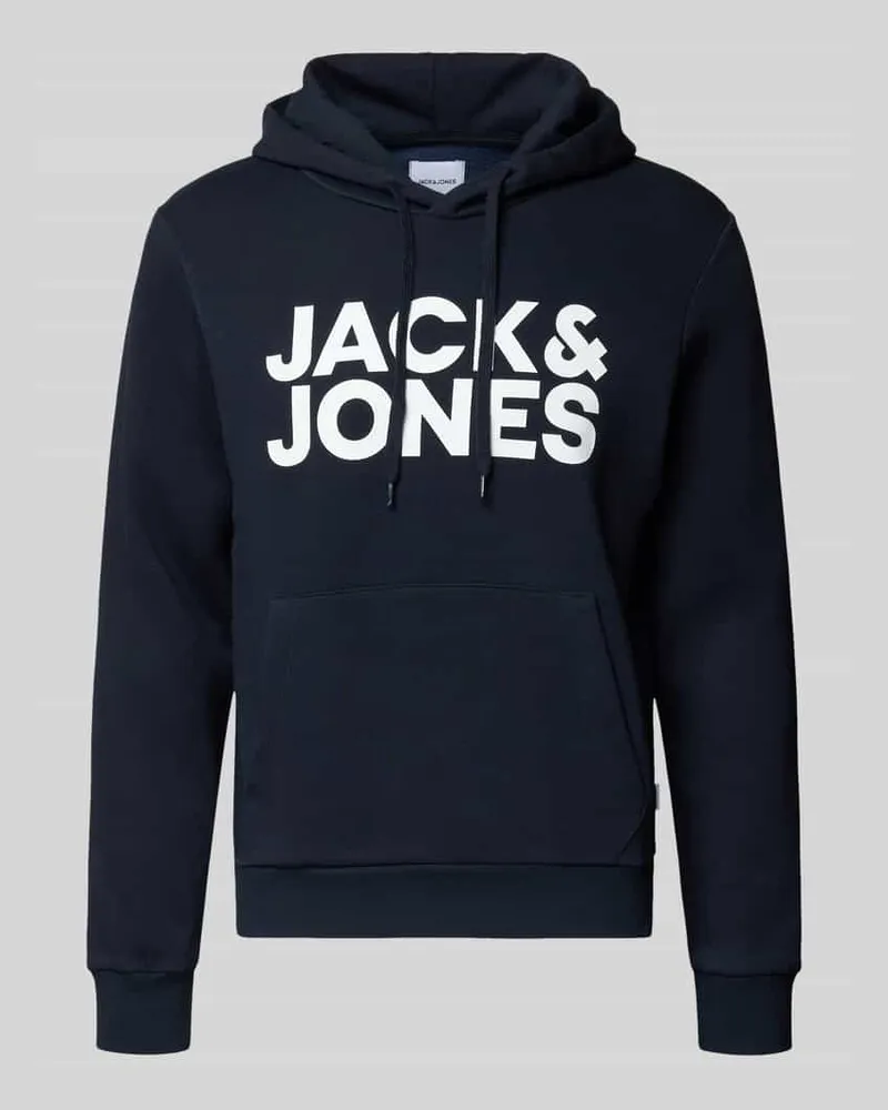 Jack & Jones Hoodie mit Label-Print und Känguru-Tasche Dunkelblau