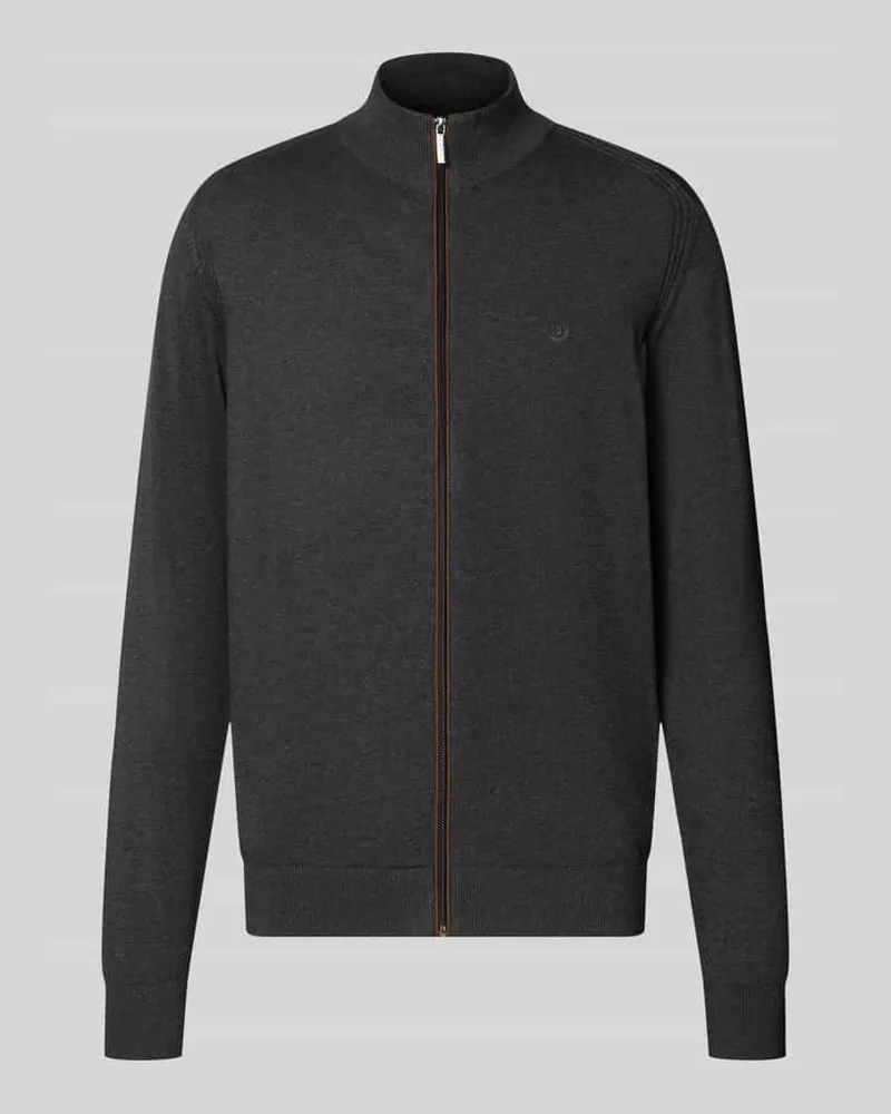 Bugatti Regular Fit Strickjacke aus reiner Baumwolle mit Label-Stitching Anthrazit