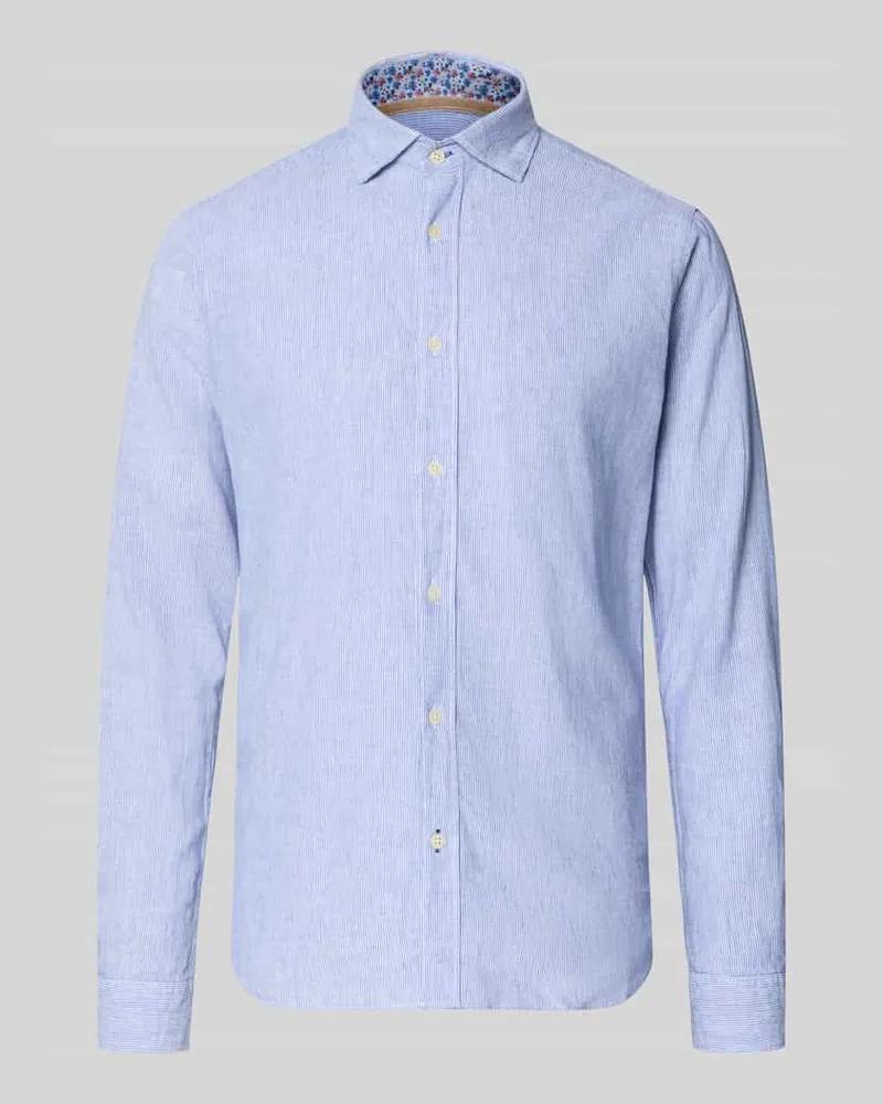 FIL NOIR Regular Fit Business-Hemd aus Leinen-Baumwoll-Mix Modell 'ROMA Blau