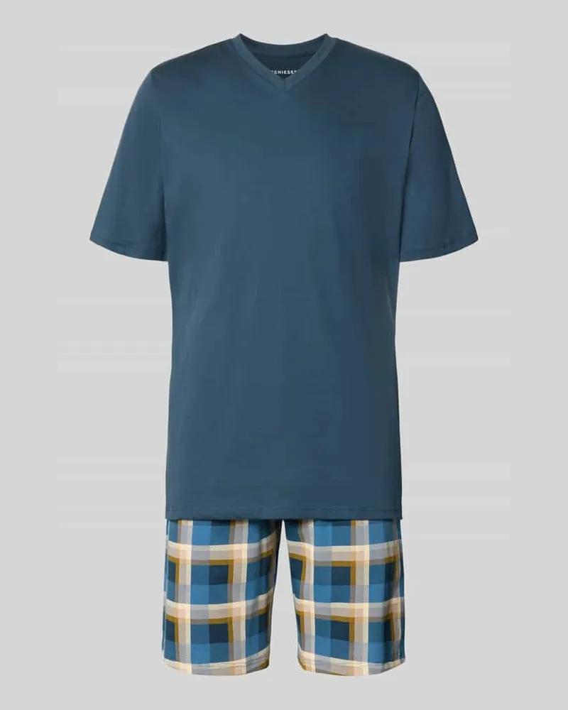 Schiesser Regular Fit Pyjama-Set aus reiner Baumwolle Blau