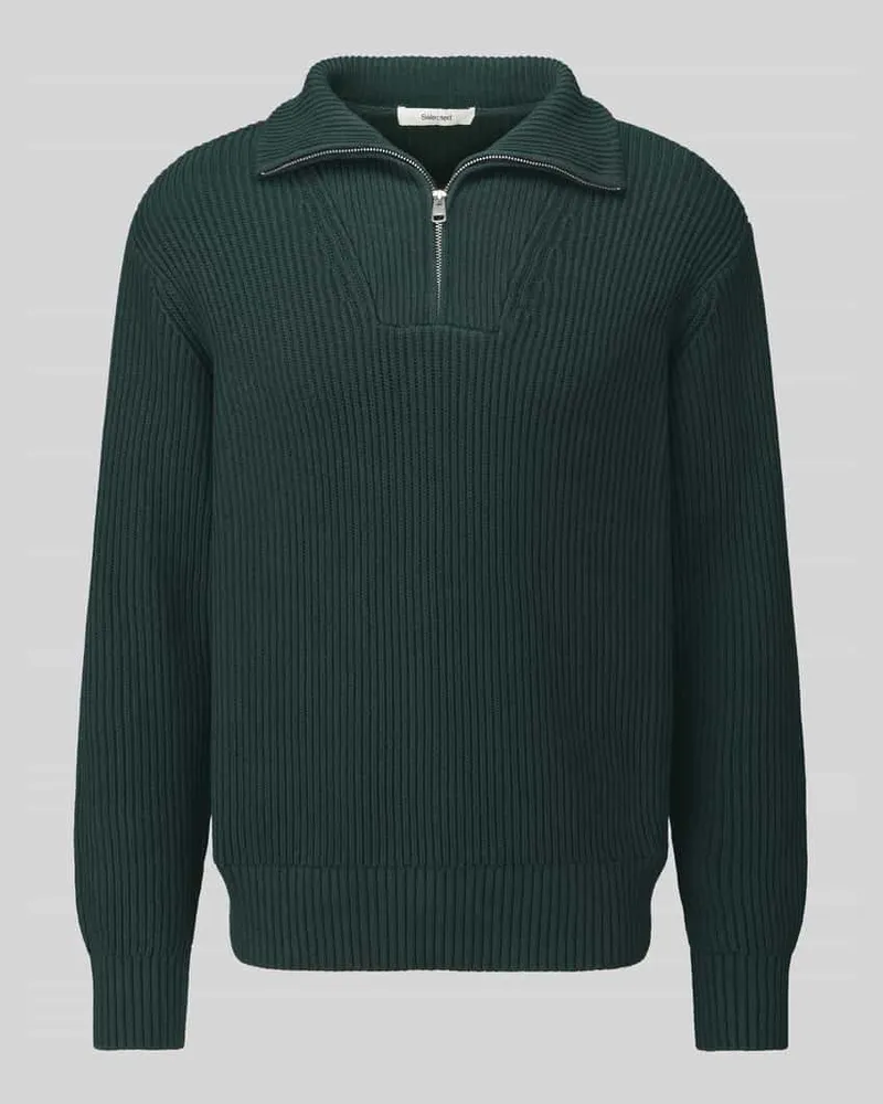 Selected Regular Fit Pullover aus reiner Baumwolle mit Troyer-Kragen Dunkelgruen