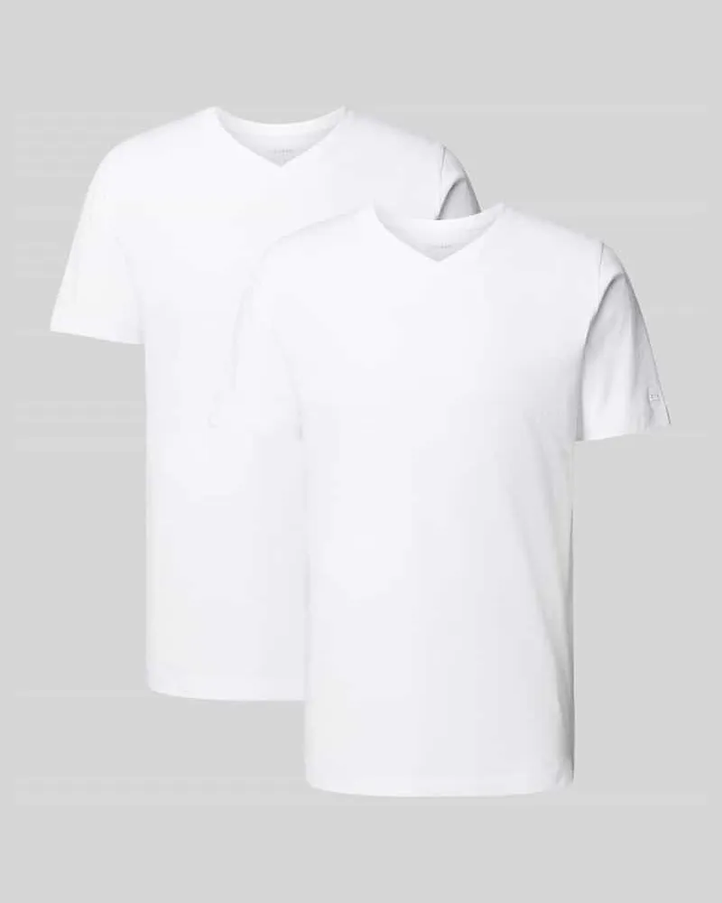 Olymp T-Shirt mit geripptem V-Ausschnitt im 2er-Pack Weiss