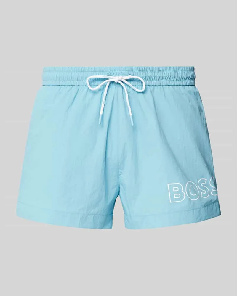 HUGO BOSS Relaxed Fit Badeshorts mit Label-Print Modell 'Mooneye Hellblau