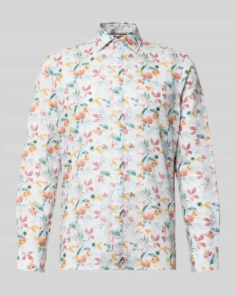 JAKE*S Slim Fit Business-Hemd aus Leinen-Mix mit Kentkragen Weiss