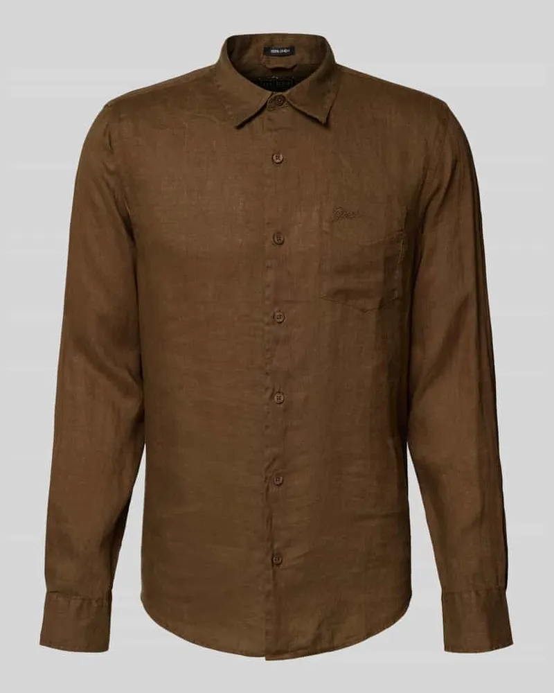 Guess Regular Fit Leinenhemd mit Kentkragen und Brusttasche Mittelbraun
