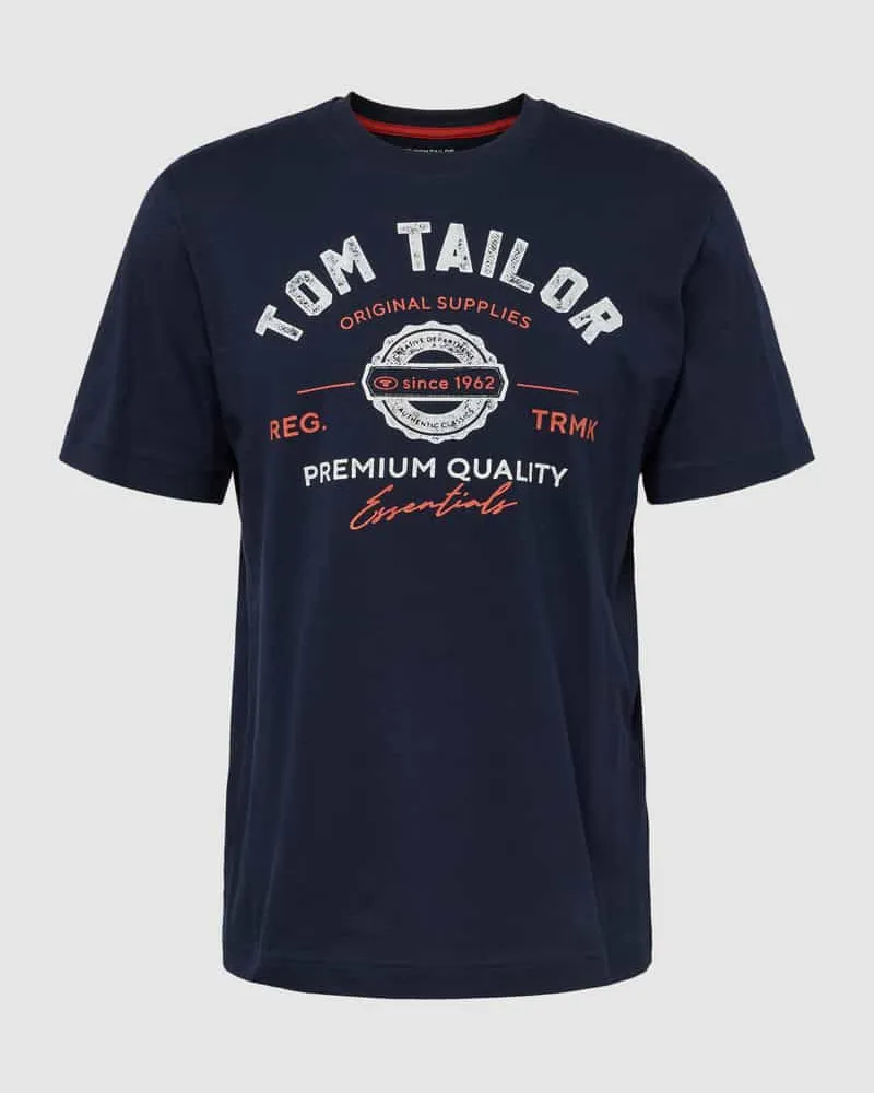 Tom Tailor Regular Fit T-Shirt aus reiner Baumwolle mit Label-Print Marine