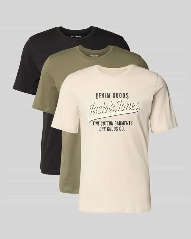 Jack & Jones T-Shirt mit Label-Print im 3er-Pack Modell 'ETHAN Oliv