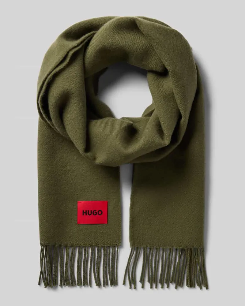 HUGO BOSS Schal mit Logo-Patch aus reiner Wolle Modell 'Juster Oliv