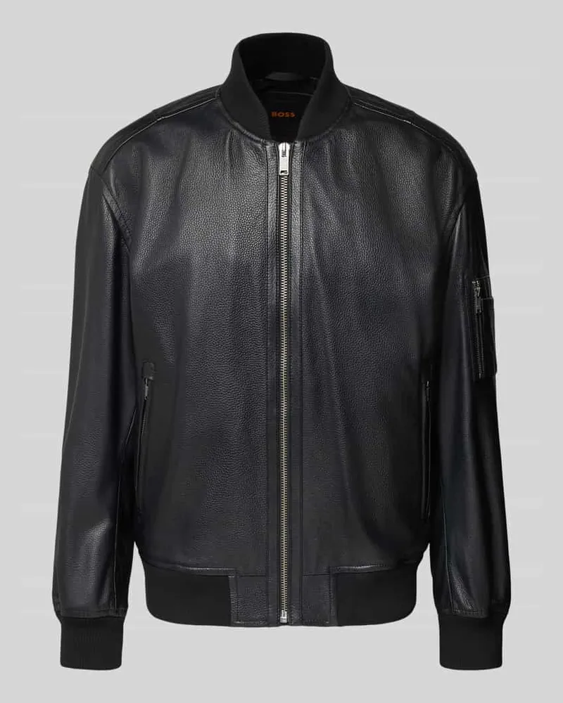 HUGO BOSS Regular Fit Lederjacke im College-Stil Modell 'JAKRI Black
