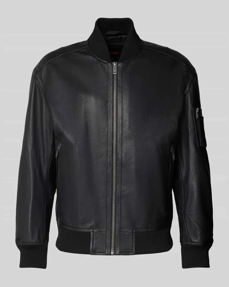 HUGO BOSS Regular Fit Lederjacke im College-Stil Modell 'JAKRI Black