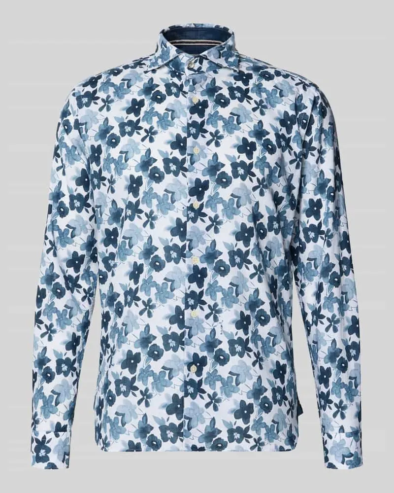 FIL NOIR Slim Fit Business-Hemd aus Leinen-Baumwoll-Mix Modell 'Roma Jeansblau