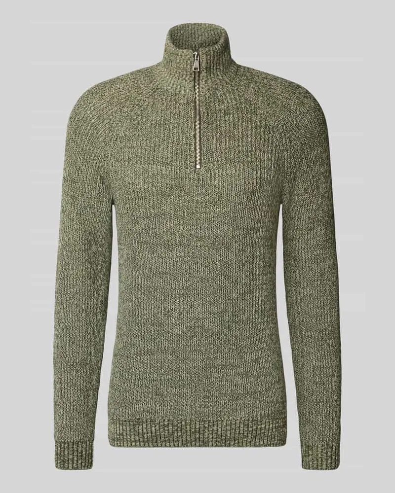 Blend Slim Fit Strickpullover mit Reißverschluss Modell 'Darik Oliv